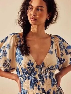 Free People Cream Dress with Blue Trim